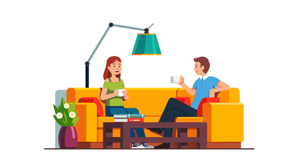 Content man and woman sitting on sofa, relaxing