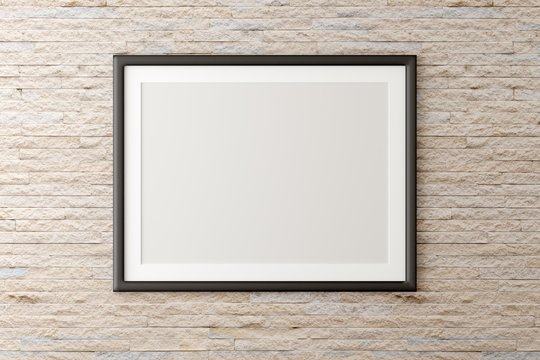 Empty picture frame hanging on brick stone wall with copy space - portfolio, gallery or artwork template mock up - 3D illustration