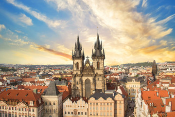 Beautiful view of the Old Town Square, and Tyn Church in Prague, Czech Republic