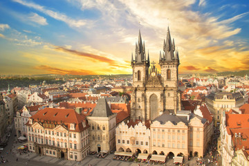 Fototapeta na wymiar Beautiful view of the Old Town Square, and Tyn Church in Prague, Czech Republic