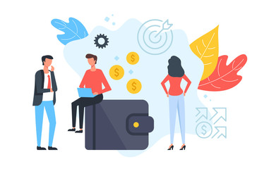 Wallet with money. People and purse with gold coins. Marketing, finance, business concepts. Modern flat design. Vector illustration