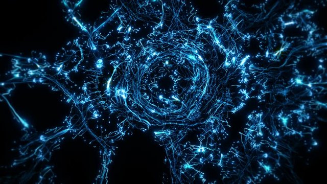 Visual representation flying through blue abstract digital tunnel funnel artificial intelligence neural network organic animation visuals, vj, light presentations motion background loop