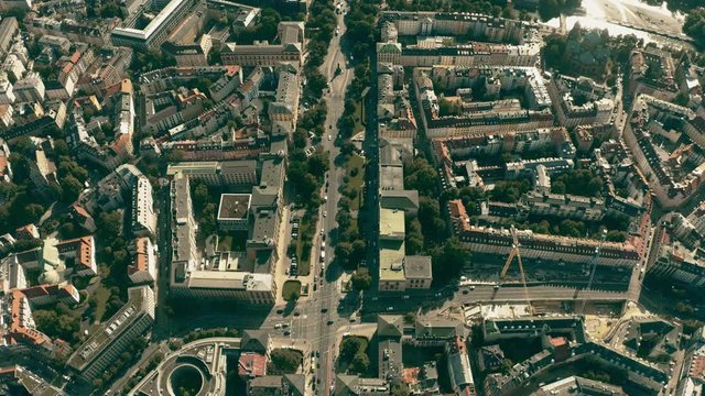 Aerial down view of streets and buildings in Munich near the River Isar, Germany