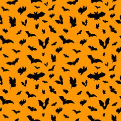 Black icon bats pattern on orange background. Vector illustration