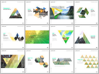 Obraz na płótnie Canvas Minimal brochure templates with triangular design background, triangle style pattern. Covers design templates for square flyer, leaflet, brochure, report, presentation, advertising, magazine.