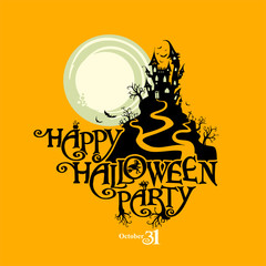 Happy Halloween Party vector card. Halloween lettering composition with a ghost house on the background of a huge full moon. Happy Halloween Party invitation