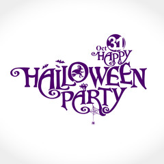 Happy Halloween Party vector logo with and a pretty witch. Halloween lettering composition for banner, poster, greeting card, party invitation.