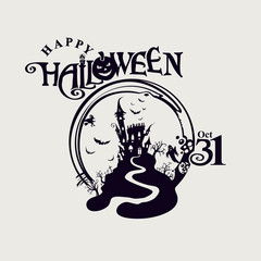 Happy Halloween vector template. Halloween lettering composition with a ghost house, for poster, card, party invitation.