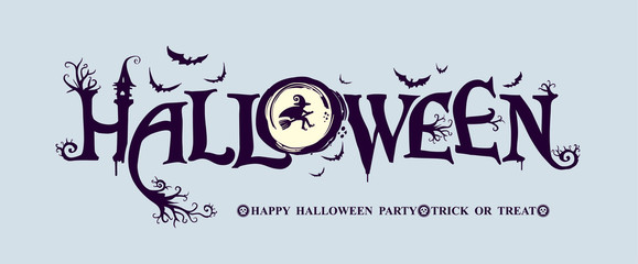 Halloween horizontal banner with festive vector logo. HAPPY HALLOWEEN, Trick or Treat. The inscription with ominous tree branches, bats and a pretty witch on a background of the full moon.