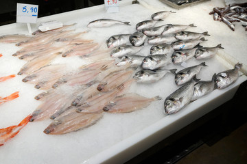 fresh fish on ice at a supermarket