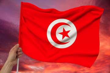 man’s hand holds the flag of Tunisia on a luxurious texture of satin, silk with waves, closeup, copy space against the sky with clouds