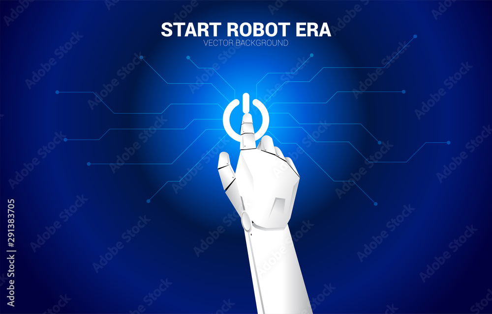 Poster robot finger touch the start engine icon. concept start of a.i. learning machine era.