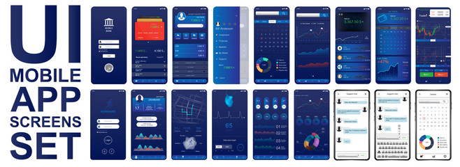 Great set UI for mobiles app. Different screenshots in flat style. Smartphone App screen set in flat style (Fitness, economic, analytic, business dashboard). UI, UX, KIT, interface. Vector elements
