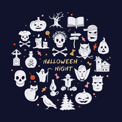 Circular template Halloween postcard decoration. Halloween night vector set of modern simple retro-style icons for decoration and printing.