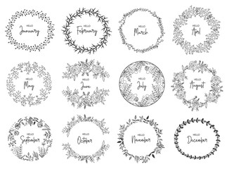 Hand Drawn Templates Design. Wreath with the Greeting Months of the Year. Floral Vector Frames.