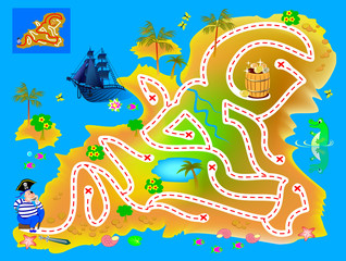 Obraz na płótnie Canvas Logical puzzle game with labyrinth for children and adults. Help pirate find way in treasure island till buried gold. Printable worksheet for kids brain teaser book. IQ test. Vector cartoon image.