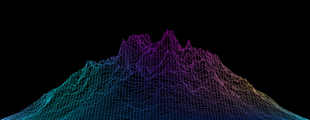 Abstract vector cyberspace background. Mountain landscape grid illustration. 3d technology wireframe vector. Digital mesh for banners.