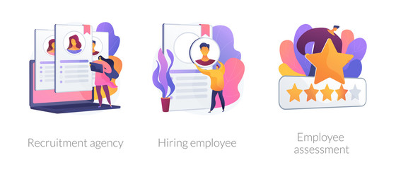 Employer actions icons set. Employment service, resume search, staff selection. Recruitment agency, hiring employee, employee assessment metaphors. Website web page template - concept metaphors.