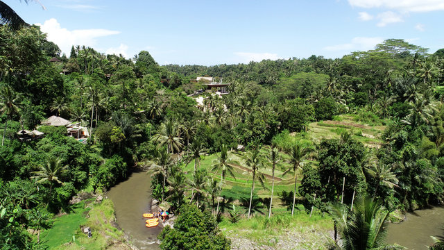 Beautiful view of rice terraces and Ayung River for rafting  at Sayan Village, Ubud, Bali.