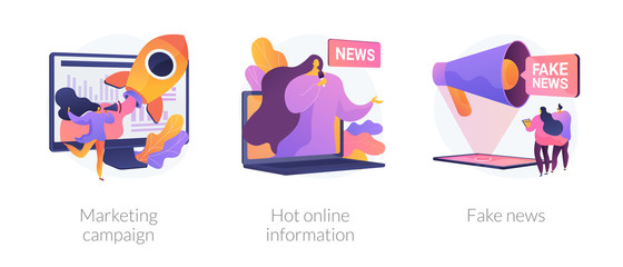 Fototapeta premium Press and mass media icons set. Propaganda newscast, untruth information spread. Yellow press, hot online information, fake news metaphors. Vector isolated concept metaphor illustrations.