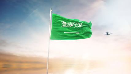 Saudi Arabia Flag With Airplane At Background