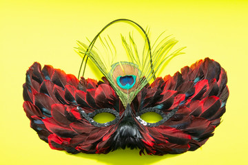 Venetian Colorful Cat Mask with Black and Red Feathers. Fancy Vintage festive Mardi Gras or Carnival Mask on a bright yellow background. 