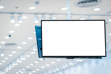 Blank top advertising Led Tv Screen in Restaurant or coffee cafe or Public corridors pathway blurred background for montage mockup design