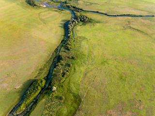 The aerial view of Cetina River in the karst plain, Croatia