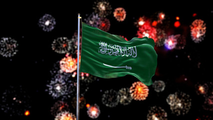 Obraz na płótnie Canvas Saudi Arabia Flag With Modern City Night Shot And Fireworks 3D Rendering