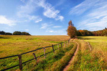 Fototapeta na wymiar rural landscape with field and blue sky, wuppertal ronsdorf, nrw germany