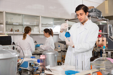 Focused young lab technician working with reagents in test tubes during chemical experiment
