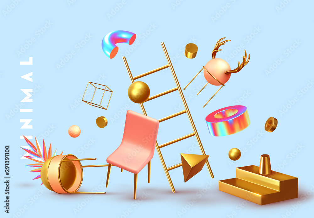 Poster chaos abstract background with 3d objects. realistic geometric shapes. design elements from plastic 