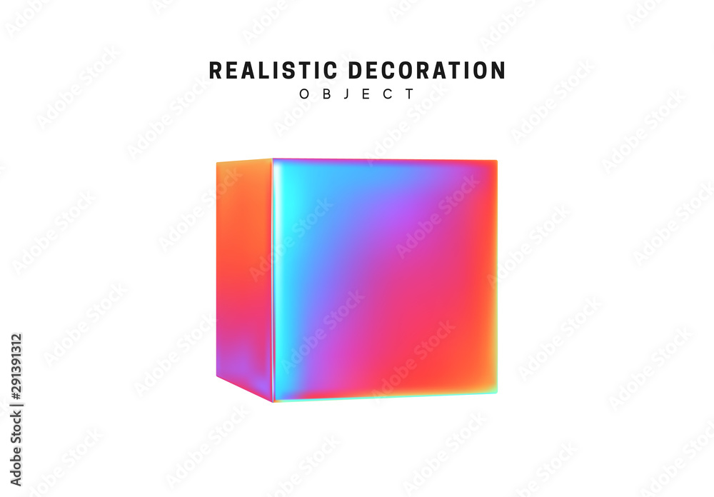 Poster square and cube. realistic shape 3d objects with gradient holographic color of hologram. decorative 