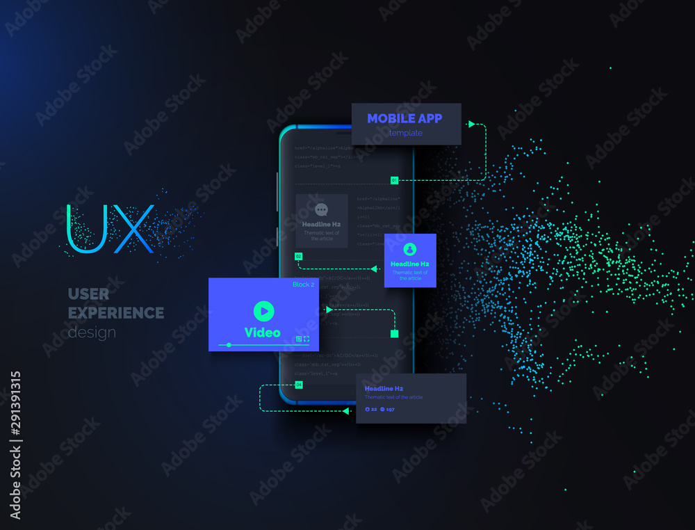 Poster Mobile apps. Creation of a mobile application. Web page created from separate blocks. User experience, user interface. Layouts of the mobile application by layers. Modern vector illustration.