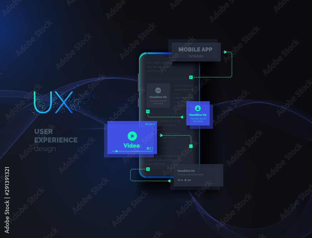 Poster Mobile apps. Creation of a mobile application. Web page created from separate blocks. User experience, user interface. Layouts of the mobile application by layers. Modern vector illustration.