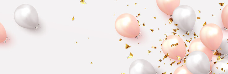 Background with festive realistic balloons with ribbon. Celebration design with baloon, color pink and white, studded with gold sparkles and glitter confetti. Celebrate birthday template - obrazy, fototapety, plakaty