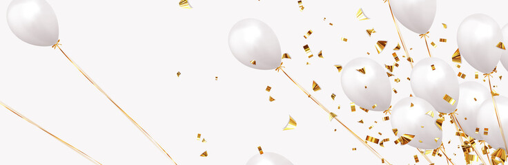 Background with festive realistic balloons with ribbon. Celebration design with baloon, color white, studded with gold sparkles and golden glitter confetti. Celebrate birthday template