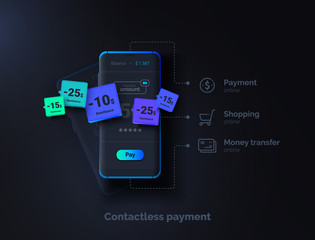 Contactless payment. Mobile phone on a black background with a payment system interface. Online money transfer. Modern vector illustration.