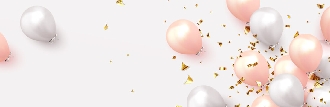 Background with festive realistic balloons with ribbon. Celebration design with baloon, color pink and white, studded with gold sparkles and glitter confetti. Celebrate birthday template