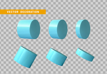 Set of 3d blue Geometric Shapes Objects round steel, bar, metal round timber. Realistic geometry elements on metallic color gradient. Render Decorative figure for design. vector illustration