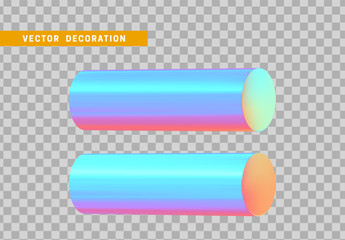 Set 3d holographic Geometric Shapes Objects round steel, bar, metal round timber. Realistic geometry elements on metallic color gradient. Render Decorative figure for design. vector illustration