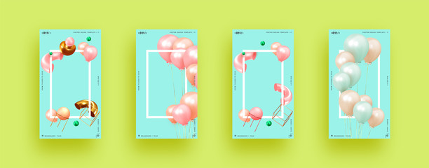 Festive background with helium balloons, 3d geometric objects. Celebrate a birthday, Poster, banner happy anniversary. copy space for text. Vector ballon, pink blue color. social media story template