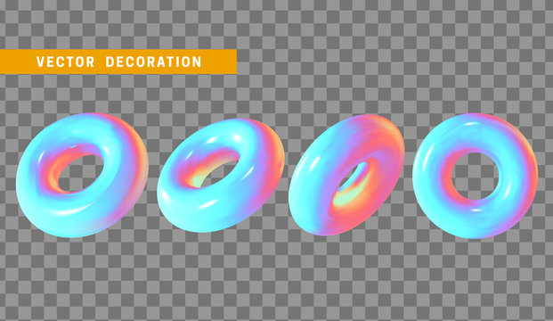 Realistic 3d shape torus, donut objects with gradient holographic color of hologram. Geometric decorative design elements isolated on transparent background. vector illustration