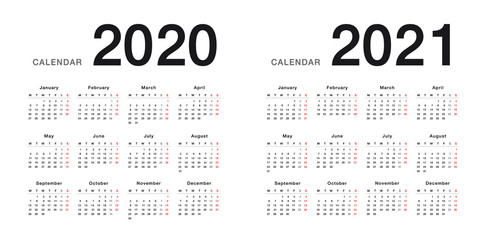 PrintYear 2020 and Year 2021 calendar horizontal vector design template, simple and clean design. Calendar for 2020 and 2021 on White Background for organization and business. Week Starts Monday.