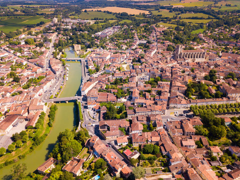 View from drone of Condom cityscape