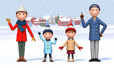 Fototapeta premium Parent and child in winter clothes with Christmas town back in 3d rendering
