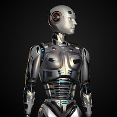 Robot man or very detailed futuristic android looking leftwards. Upper body isolated on black background. 3d render 