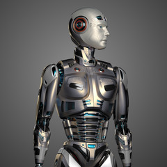 Robot man or very detailed futuristic android looking leftwards. Upper body isolated on grey background. 3d render 