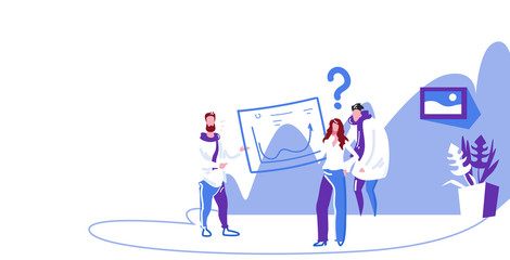 confused businesspeople office workers studying financial graphs businessman coach presenting report pointing on sales statistic data office interior sketch horizontal full length