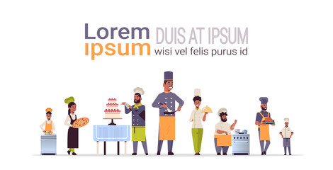 different professional chefs standing together african american men women restaurant kitchen workers in uniform cooking food concept flat full length horizontal copy space